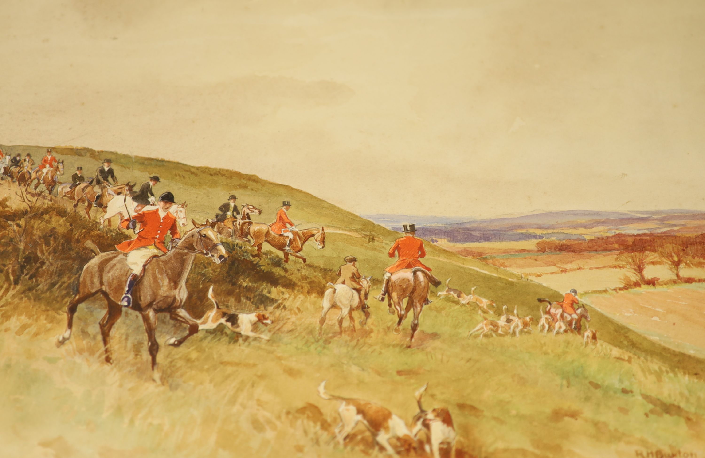 Robert Hugh Buxton (1871-1965), watercolour on board, huntsmen and hounds in a downland landscape, 29.5 x 41cm